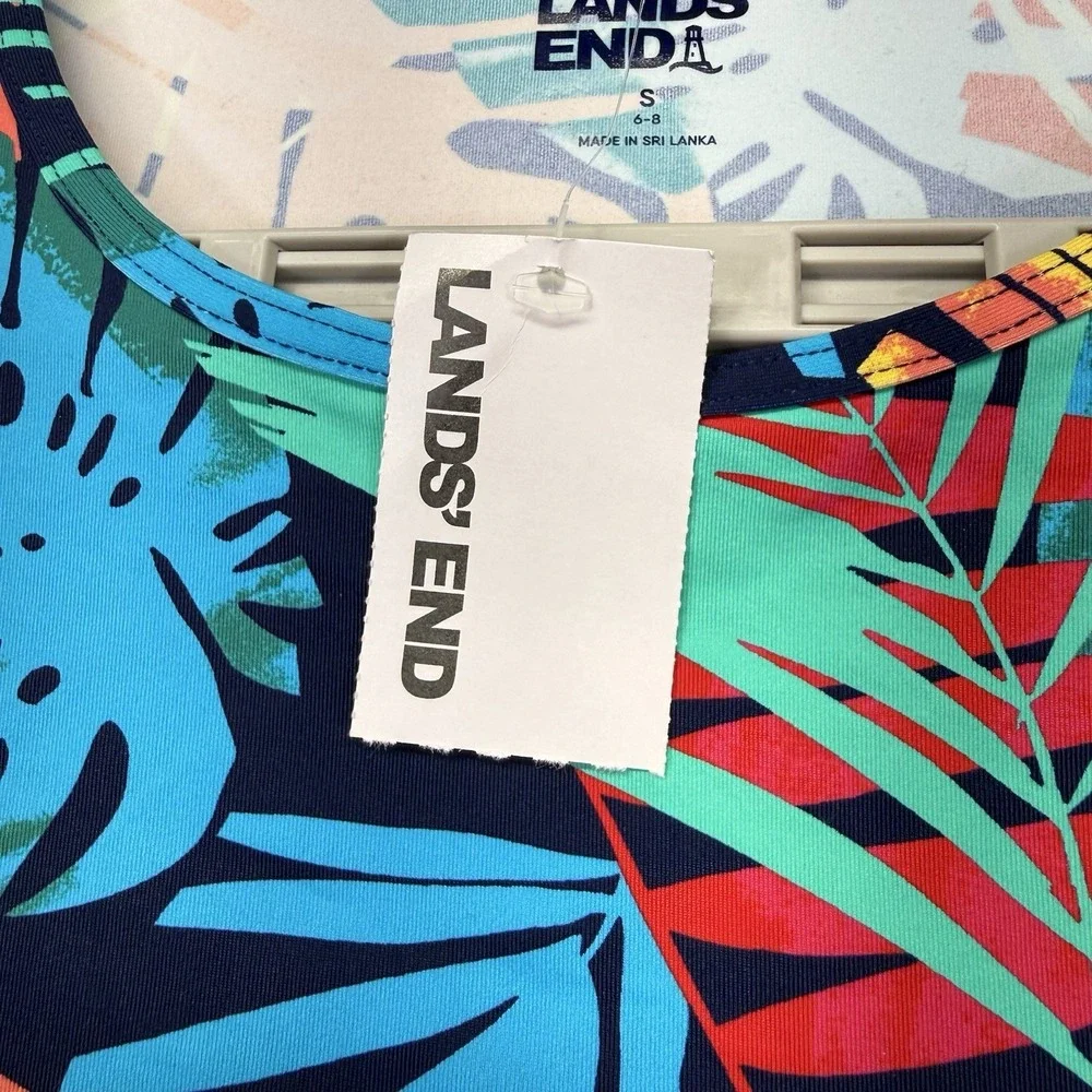 Lands' End Swim Tee Small Rash‎ Guard UPF 50 Tropical Multi Palm Leaves NEW